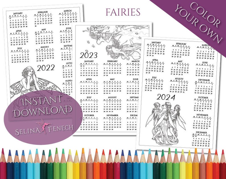 Fairies 2022-2024 Calendar Coloring Page/digi Stamp Fantasy - Etsy