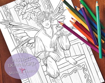 Midnight Prince Fairy Coloring Page/Digi Stamp Fantasy Printable Download by Selina Fenech