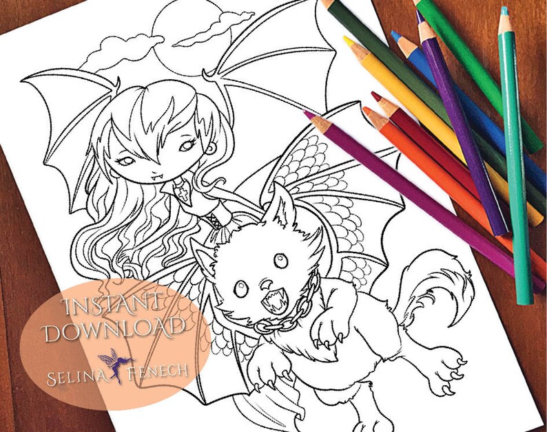 Faedorables Fantasy Beasts Kludde and Vampire Coloring PageDigi Stamp Fantasy Printable Download by Selina Fenech