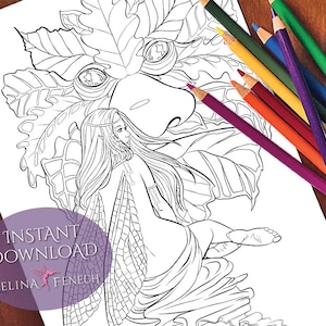 May include: A black and white line art coloring page featuring a fairy with wings and a leafy tree. The fairy is sitting on a branch of the tree and has long flowing hair. The tree has large leaves and a whimsical design.