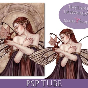 Peut inclure: Une peinture numérique d'une fée aux longs cheveux roux et aux ailes brunes tenant un petit dragon rouge. La fée porte une robe violette et brune et une couronne sur la tête. L'arrière-plan est brun clair avec un cercle au centre.
