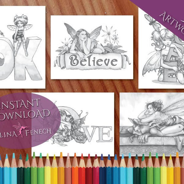 Pretty Fairy Art Grayscale Coloring Page/Digi Stamp Fantasy Printable Download by Selina Fenech