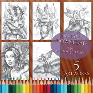 Compañeros de hadas Hadas y dragones Página para colorear en escala de grises/Digi Stamp Fantasy Descarga imprimible por Selina Fenech