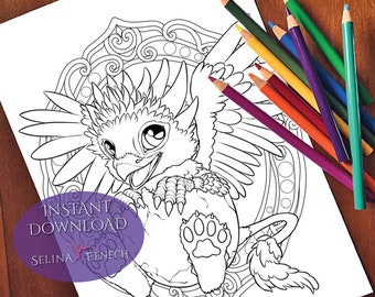 Hatchling Winged Magic Coloring Page/Digi Stamp Fantasy Printable Download by Selina Fenech