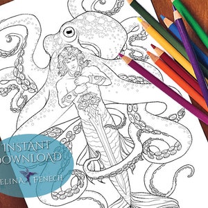 Página para colorear de sirenas y compañeros animales de los gigantes del océano/Digi Stamp Fantasy Descarga imprimible por Selina Fenech