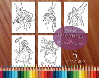 Fairy Art Beautiful Fairies Coloring Page/Digi Stamp Fantasy Printable Download by Selina Fenech