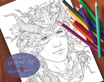 Spring Greenman Wild Magic Coloring Page/Digi Stamp Fantasy Printable Download by Selina Fenech