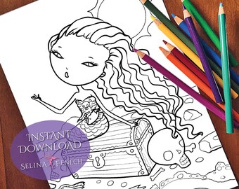Siren Song Faedorables Cute and Creepy Coloring Page/Digi Stamp Fantasy Printable Download by Selina Fenech