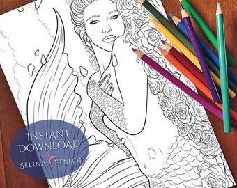 Sea of Roses Mythical Mermaids Coloring Page/Digi Stamp Fantasy Printable Download by Selina Fenech