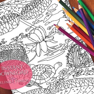 Página para colorir de lagos e flores com lírios de tartaruga / Digi Stamp Fantasy para impressão, download por Selina Fenech