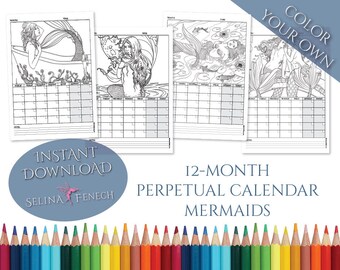 12 maanden eeuwigdurende kalender zeemeerminnen kleurplaat/digi stempel Fantasy afdrukbare download door Selina Fenech
