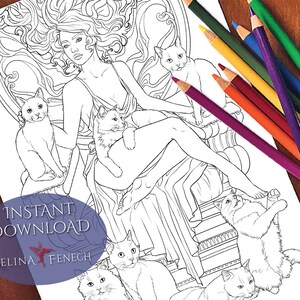 Página para colorir de magia selvagem dos companheiros da bruxa / Digi Stamp Fantasy para impressão, download por Selina Fenech