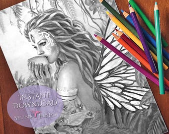 Abundance Wild Beauty Fairy Magic Grayscale Coloring Page/Digi Stamp Fantasy Printable Download by Selina Fenech