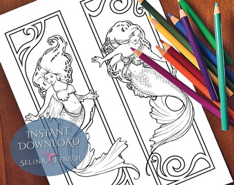 Fire and Water Mermaids Calm Ocean Coloring Page/Digi Stamp Fantasy Printable Download by Selina Fenech