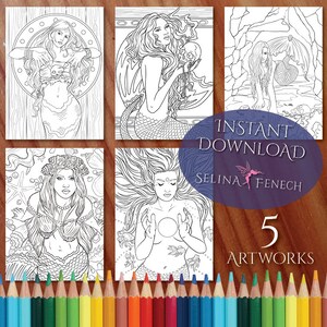 Magical Mythical Mermaids Coloring Page/Digi Stamp Fantasy Printable Download by Selina Fenech
