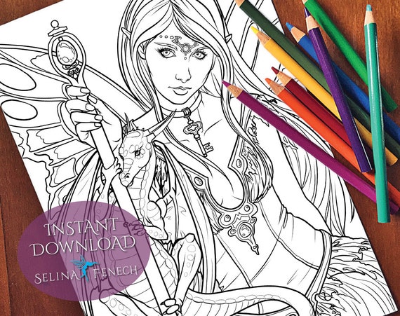 Cast a Spell Unicorns and Dragons Coloring Page/Digi Stamp Fantasy Printable Download by Selina Fenech