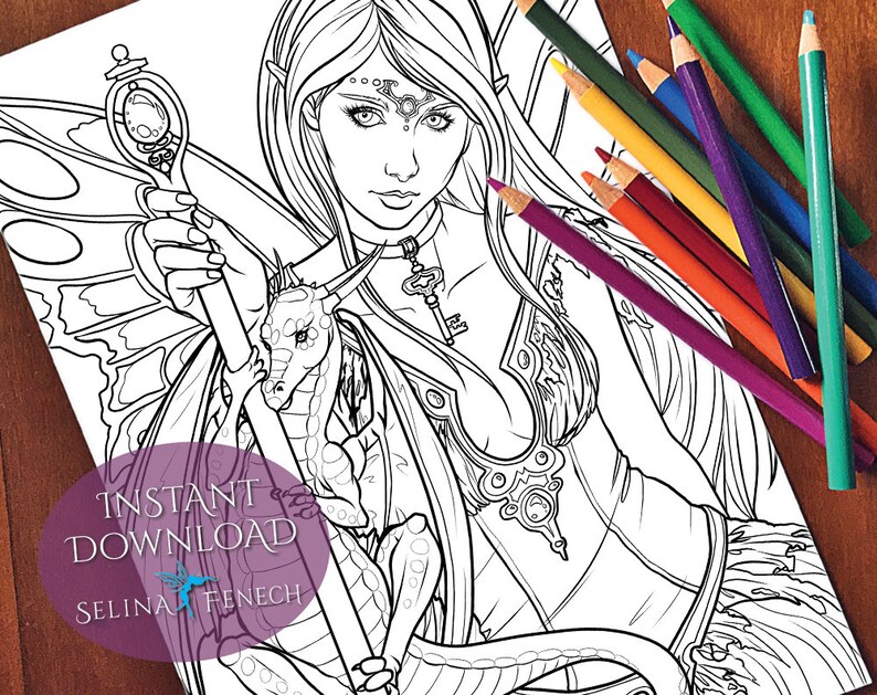 May include: A black and white line art coloring page featuring a fairy with wings, a dragon, and a key. The fairy is holding a staff with a large gem at the top. The dragon is curled around the staff. The fairy has long hair and is wearing a dress with a keyhole design. The text "INSTANT DOWNLOAD" and "SELINA FENECH" is visible in the lower left corner.