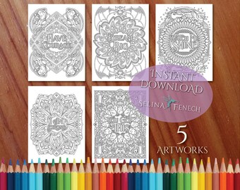 Puede incluir: Cinco páginas para colorear imprimibles en blanco y negro con citas inspiradoras. Las citas son "Ten Courage", "Sueña en Grande", "Mírame Brillar", "Soy Fuerte", y "Tú Puedes".