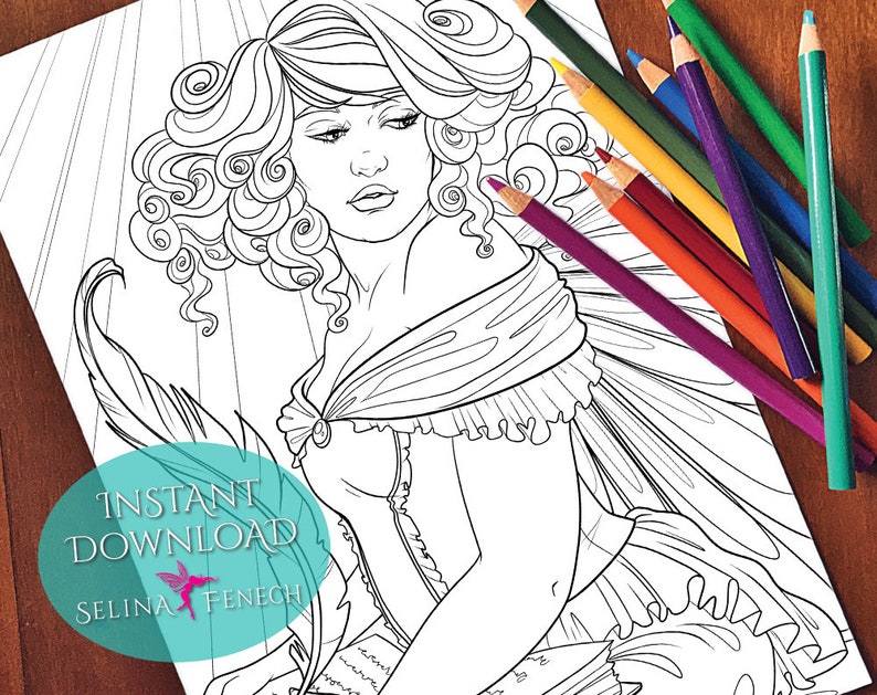 Fairy Portraits Fairy Scribe Coloring PageDigi Stamp Fantasy Printable Download by Selina Fenech