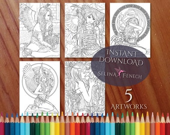Gothic Angels and Fairies Coloring Page/Digi Stamp Fantasy Printable Download by Selina Fenech