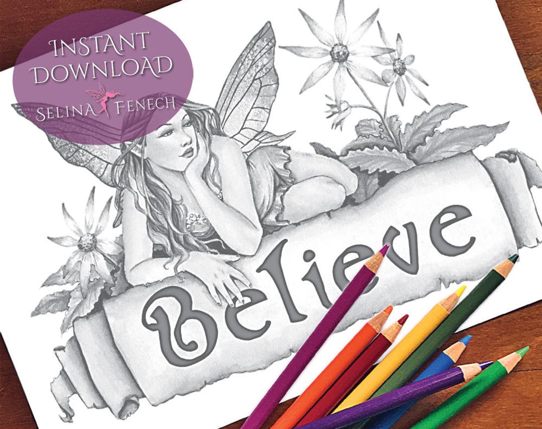 Believe Fairy Art Grayscale Coloring Page/digi Stamp Fantasy Etsy