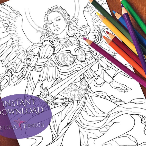 Angelic Winged Magic Coloring Page/Digi Stamp Fantasy Printable Download by Selina Fenech