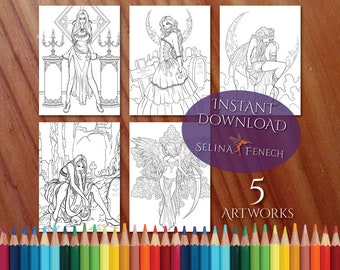 Dark Gothic Night Magic Halloween Coloring Page/Digi Stamp Fantasy Printable Download by Selina Fenech