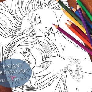 Moonborn Mermaids Calm Ocean Página para colorear/Digi Stamp Fantasy Descarga imprimible por Selina Fenech