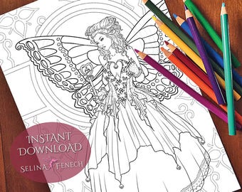 Fairy Queen Mab Christmas Festive Magic Coloring Page/Digi Stamp Fantasy Printable Download by Selina Fenech