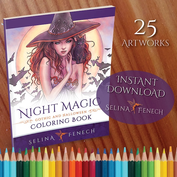 Night Magic Gothic and Halloween Coloring Collection Coloring Page/Digi Stamp Fantasy Printable Download by Selina Fenech