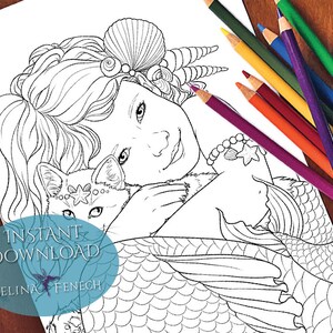 Mercat Cuddles Sirenas y compañeros animales Página para colorear/Digi Stamp Fantasy Descarga imprimible por Selina Fenech