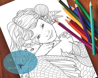 Mercat Cuddles Mermaids and Animal Companions Coloring Page/Digi Stamp Fantasy Printable Download by Selina Fenech