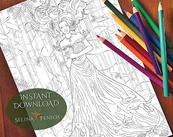 Lady of Water Natural Enchantment Coloring Page/Digi Stamp Fantasy Printable Download by Selina Fenech