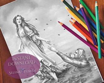 Página para colorear en escala de grises gótica de cuentos de hadas/Digi Stamp Fantasy Descarga imprimible por Selina Fenech
