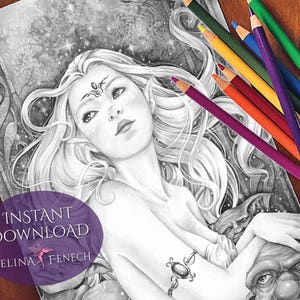 Scarica la bella e le bestie magia notturna scala di grigi gotica pagina da colorare/timbro digitale Fantasy stampabile di Selina Fenech