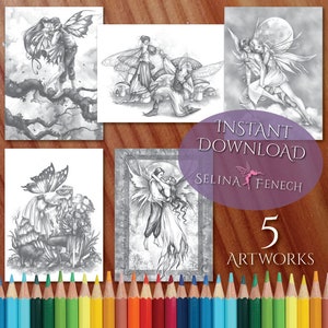Fairy Companions Romantische Paare Graustufen-Malseite/Digi-Stempel-Fantasie zum Ausdrucken zum Download von Selina Fenech