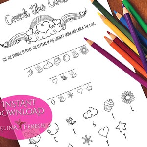 Puede incluir: Una hoja de actividad de descifrado de código imprimible en blanco y negro con un arcoíris, corazones y estrellas. El texto "Crack the Code" está en la parte superior de la página. Las instrucciones son "Utiliza los símbolos para colocar las letras en el orden correcto y descifra el código."