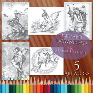 Fairy Companions and Friends Graustufen-Malseite/Digi-Stempel-Fantasy-Download zum Ausdrucken von Selina Fenech