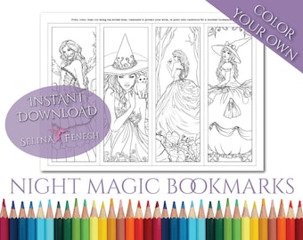 Bookmark Night Magic Gothic and Halloween Coloring Page/Digi Stamp Fantasy Printable Download by Selina Fenech