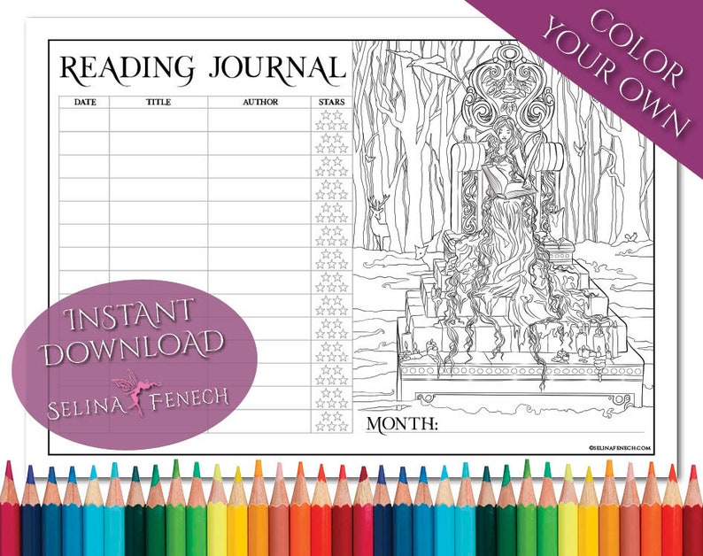 Story Keeper Reading Journal Coloring PageDigi Stamp Fantasy Printable Download by Selina Fenech