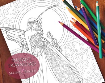Fairy Queen Caelia Christmas Festive Magic Coloring Page/Digi Stamp Fantasy Printable Download by Selina Fenech