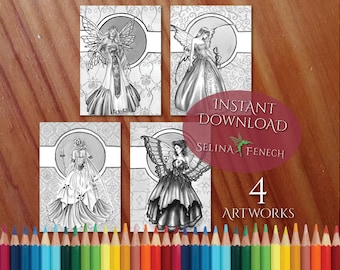 Festive Fairy Queens Grayscale Coloring Page/Digi Stamp Fantasy Printable Download by Selina Fenech