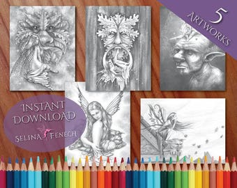 Fairies and Goblins Grayscale Coloring Page/Digi Stamp Fantasy Printable Download by Selina Fenech