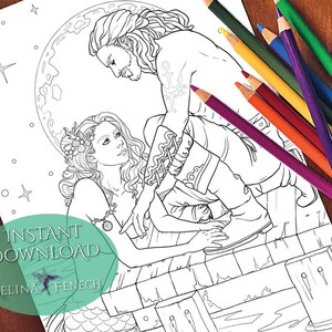 Meeting at Midnight Mermaid Magic Fantasy Art Coloring Page/Digi Stamp Fantasy Printable Download by Selina Fenech