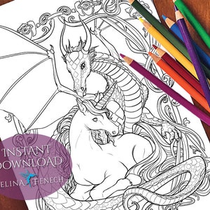 Always Together Unicorns and Dragons Coloring Page/Digi Stamp Fantasy Printable Download by Selina Fenech