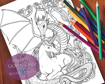 Always Together Unicorns and Dragons Coloring Page/Digi Stamp Fantasy Printable Download by Selina Fenech