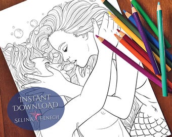 Breath Mythical Mermaids Coloring Page/Digi Stamp Fantasy Descarga imprimible por Selina Fenech