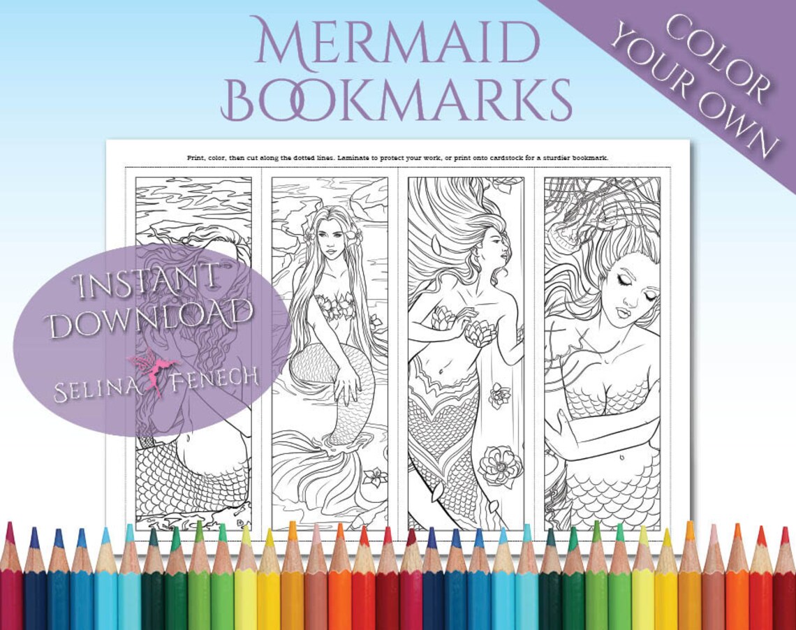 Mermaid Bookmark Coloring Page/Digi Stamp Fantasy Printable Etsy