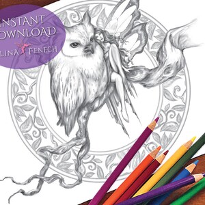 Ein weiser Freund, Feengefährten, Graustufen-Malseite/Digi-Stempel, Fantasy-Download zum Ausdrucken von Selina Fenech