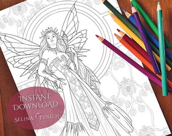 Fairy Queen Gloriana Christmas Festive Magic Coloring Page/Digi Stamp Fantasy Printable Download by Selina Fenech